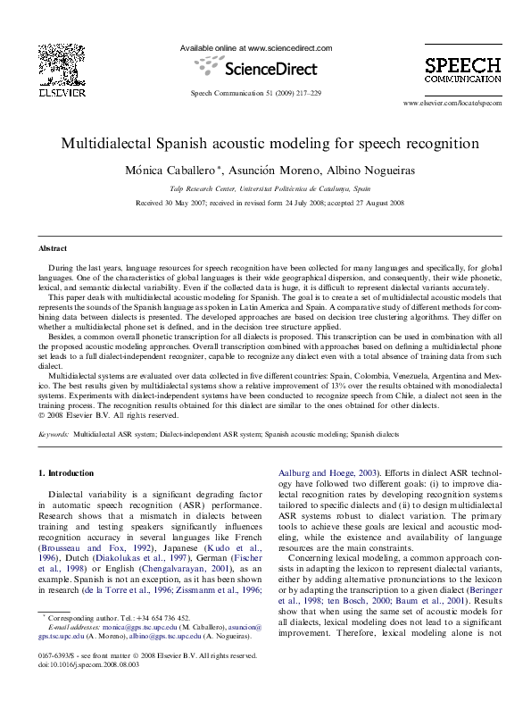 (PDF) Multidialectal Spanish acoustic modeling for speech recognition