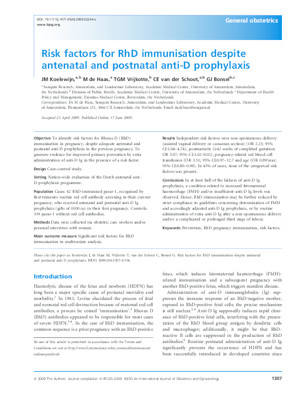 (PDF) Risk Factors for RhD Immunisation Despite Antenatal and Postnatal ...