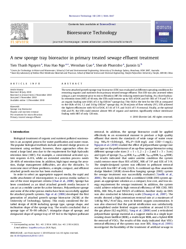 (PDF) A new sponge tray bioreactor in primary treated sewage effluent ...