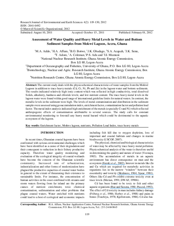 (PDF) Assessment of Water Quality and Heavy Metal Levels in Water and ...