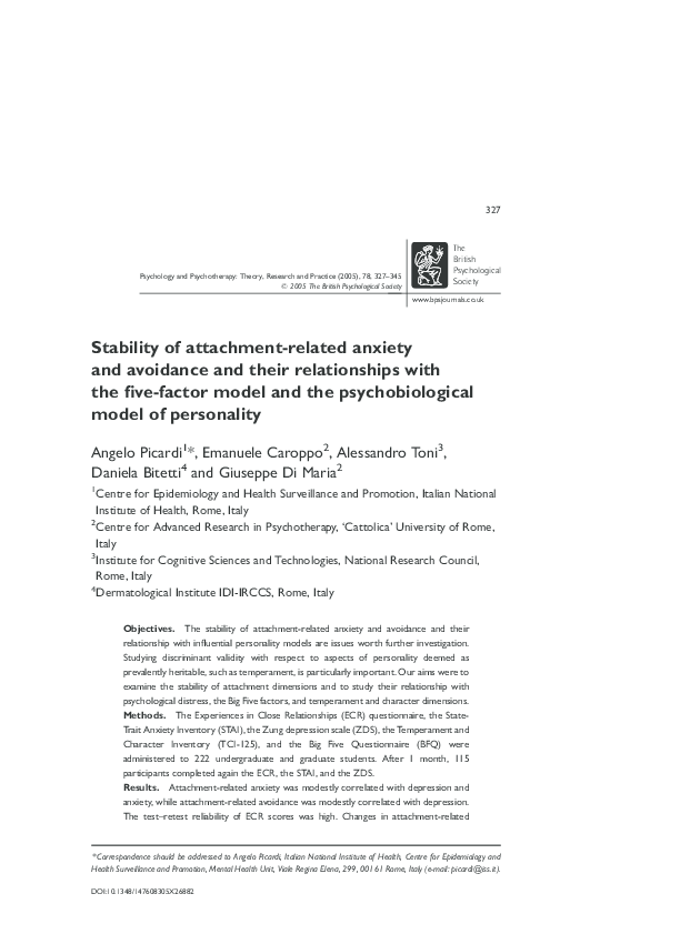 (PDF) Stability of attachment-related anxiety and avoidance and their ...