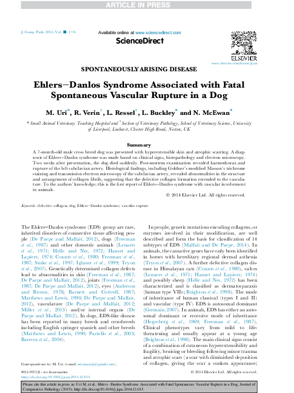 (PDF) EhlersDanlos Syndrome Associated with Fatal Spontaneous Vascular