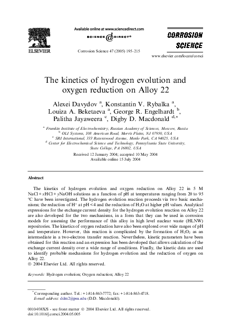 (PDF) The kinetics of hydrogen evolution and oxygen reduction on Alloy 22