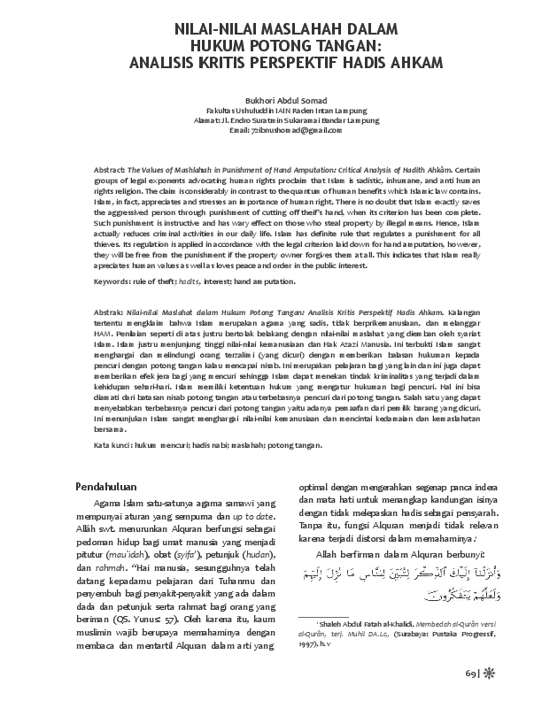 Pdf Nilai Nilai Maslahah Dalam Hukum Potong Tangan Analisis Kritis Perspektif Hadis Ahkam Jurnal Madania Academia Edu