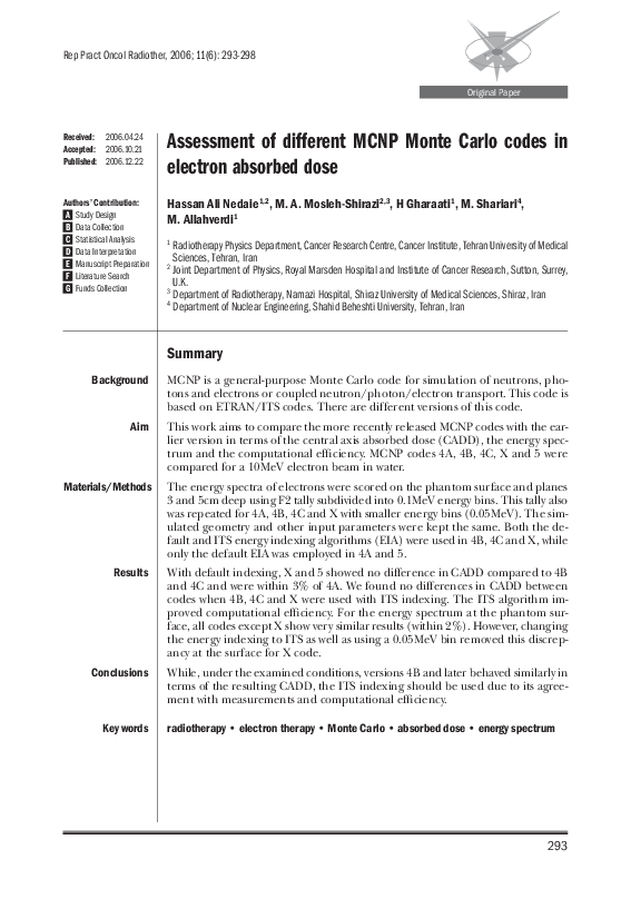 (PDF) Assessment of different MCNP Monte Carlo codes in electron ...