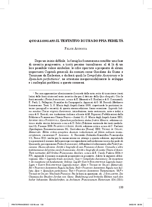 Quo Elongati il tentativo di una doppia fedeltà, in Frate Francesco 81