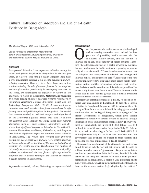 Cultural Influence on Adoption and Use of e-Health: Evidence in Bangladesh