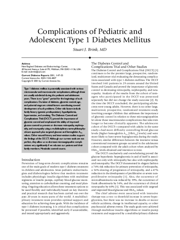 (PDF) Complications of pediatric and adolescent type 1 diabetes mellitus