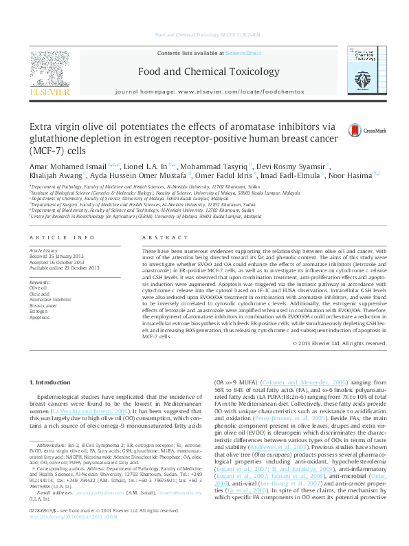 PDF) Extra virgin olive oil potentiates the effects of aromatase inhibitors  via glutathione depletion in estrogen receptor-positive human breast cancer  (MCF-7) cells
