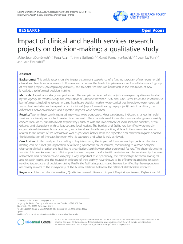 (PDF) Impact of clinical and health services research projects on ...