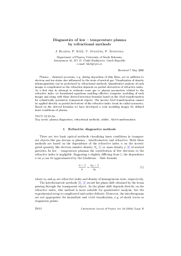 (PDF) Diagnostics of low — temperature plasma by refractional methods
