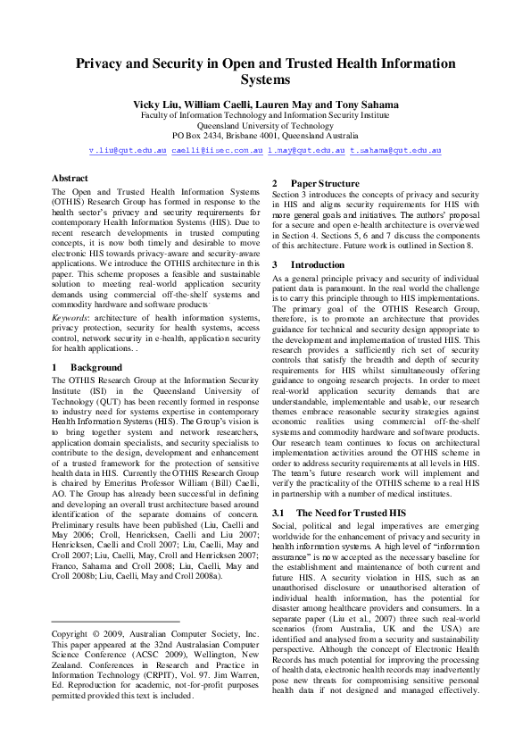 (PDF) Privacy and security in open and trusted health information systems