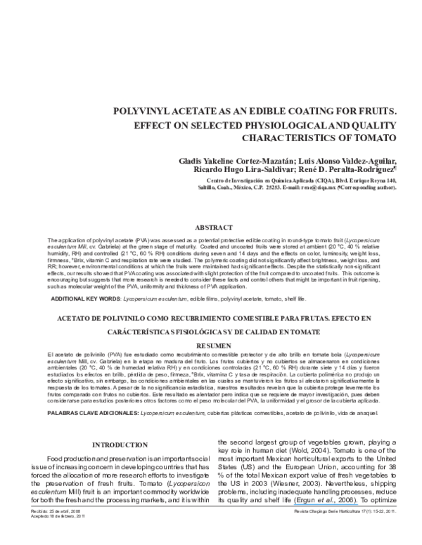 (PDF) POLYVINYL ACETATE AS AN EDIBLE COATING FOR FRUITS. EFFECT ON