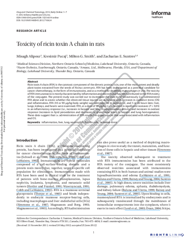 (PDF) Toxicity of ricin toxin A chain in rats