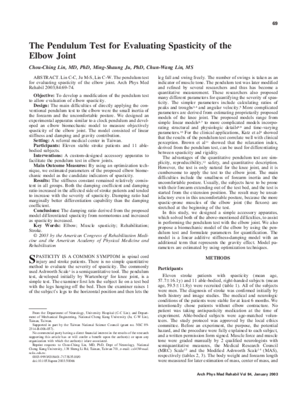 (PDF) The pendulum test for evaluating spasticity of the elbow joint