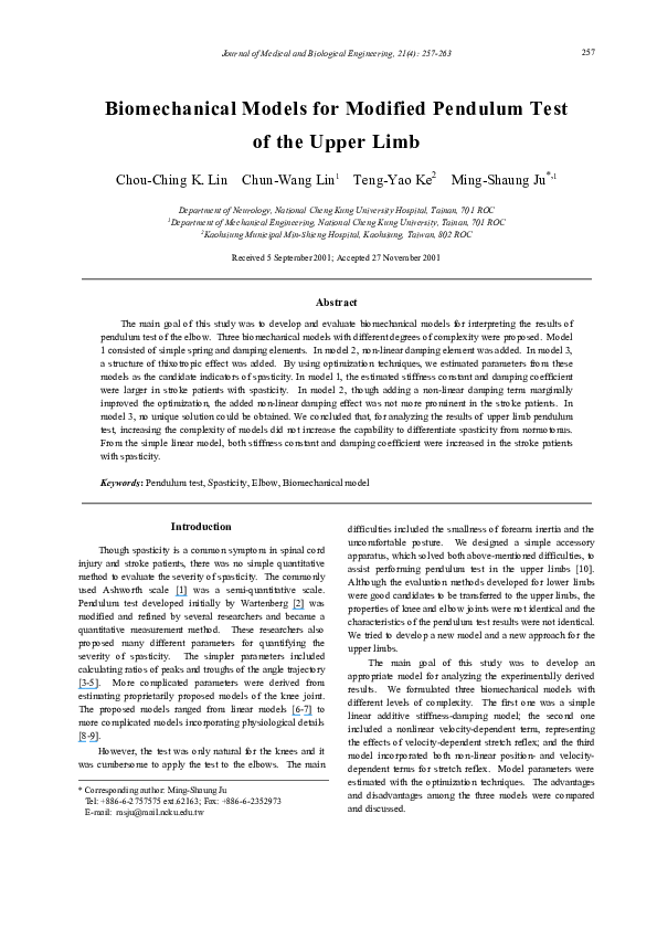 (PDF) Biomechanical models for modified pendulum test of the upper limb ...