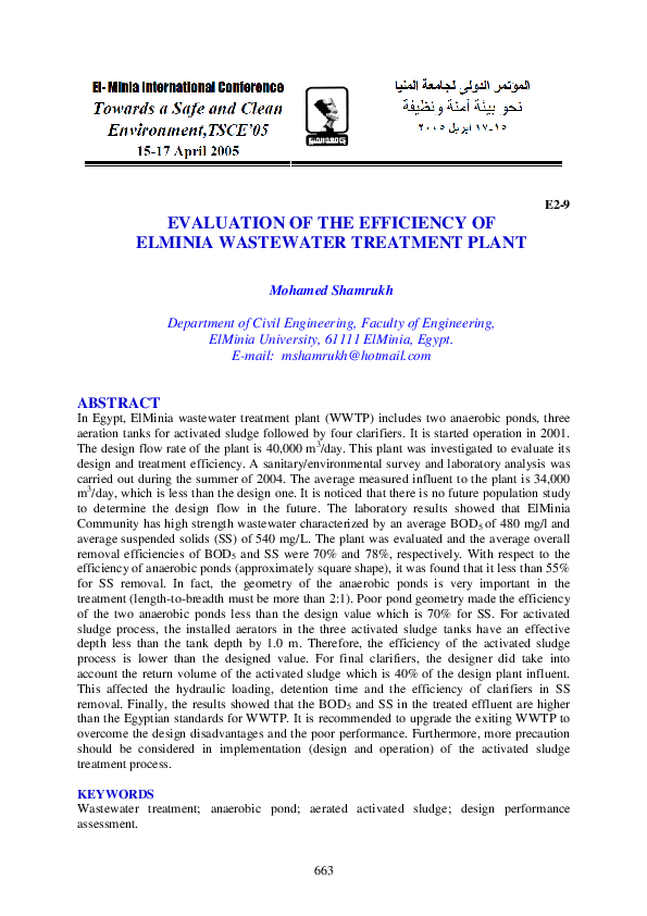 (PDF) Evaluation of the Efficiency of Elminia Wastewater Treatment Plant
