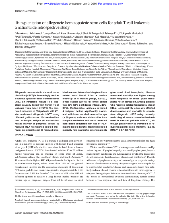 (PDF) Transplantation of allogeneic hematopoietic stem cells for adult ...