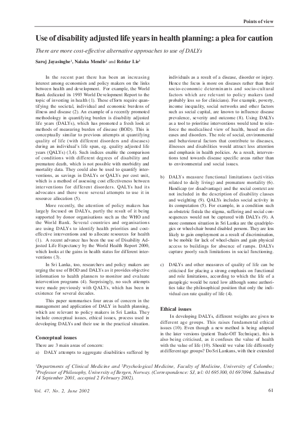 (PDF) Use of disability adjusted life years in health planning: a plea ...