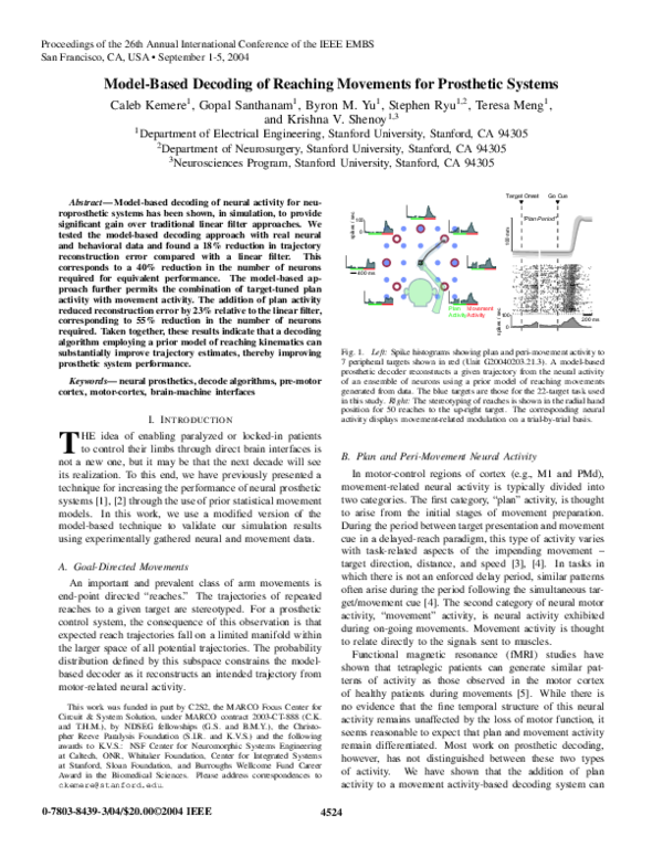 (PDF) Model-based decoding of reaching movements for prosthetic systems