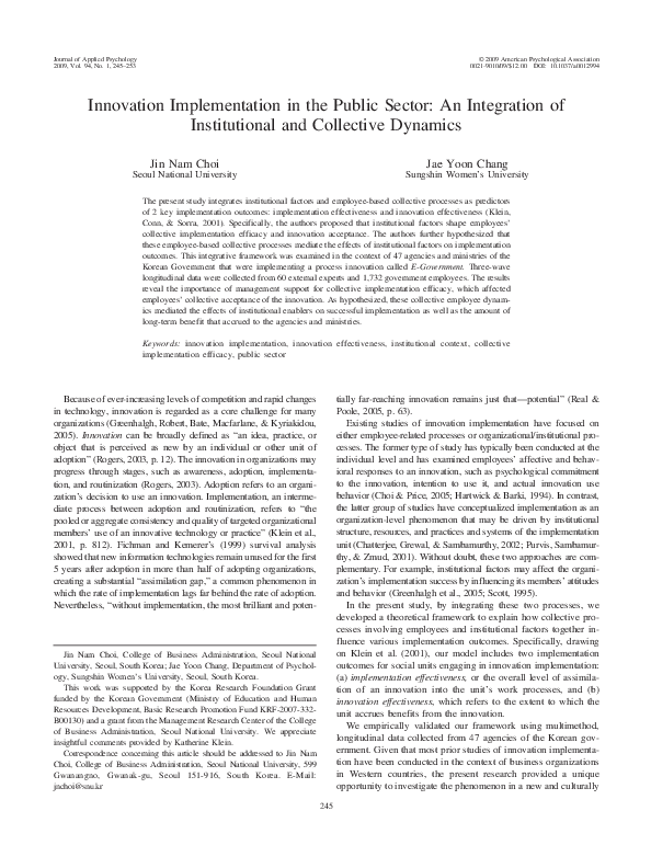 (PDF) Innovation Implementation in the Public Sector: An Integration of ...