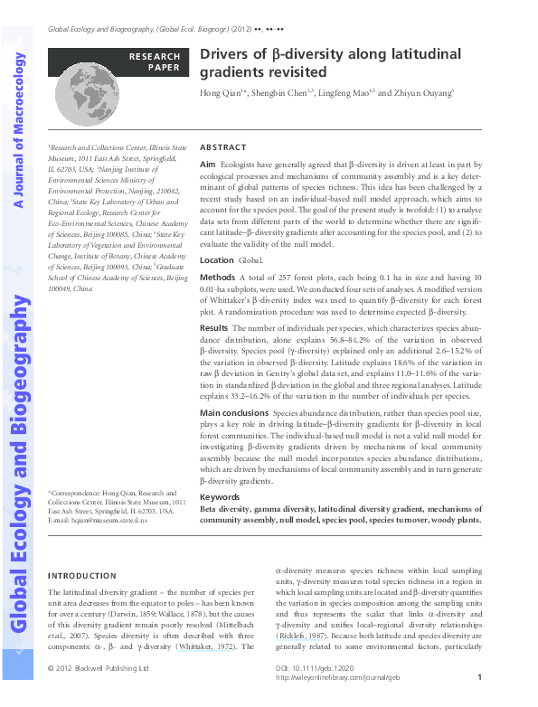 (PDF) Drivers of β-diversity along latitudinal gradients revisited