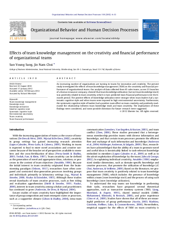 (PDF) Effects of team knowledge management on the creativity and ...