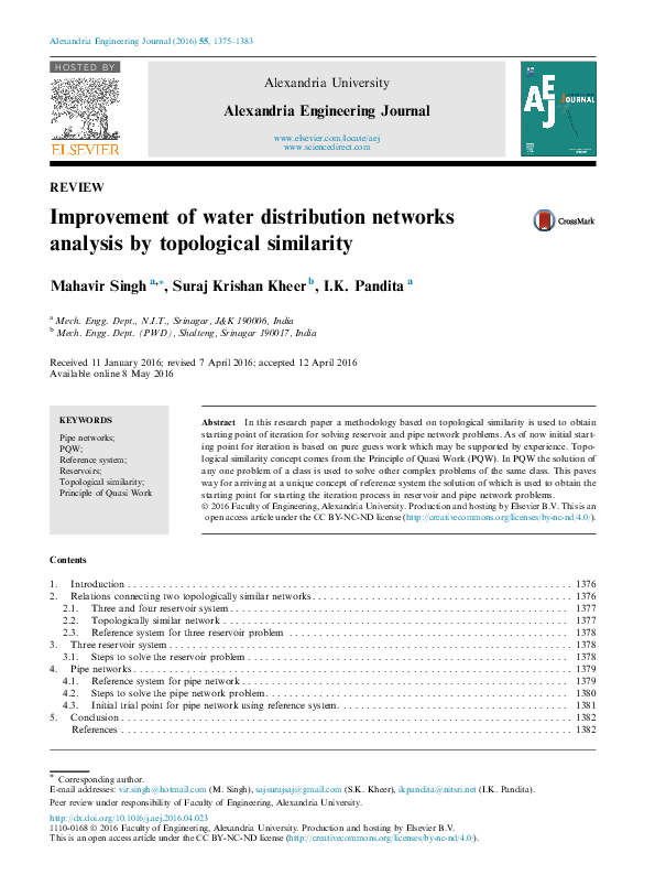 Pdf Improvement Of Water Distribution Networks Analysis By Topological Similarity Mahavir Singh I K Pandita And Suraj Krishan Academia Edu