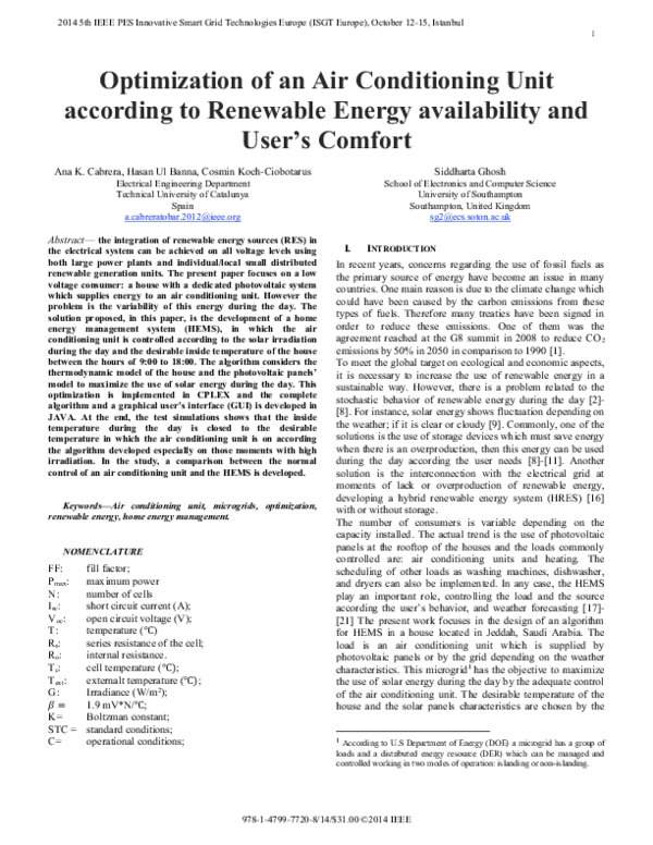 (PDF) Optimization of an air conditioning unit according to renewable ...