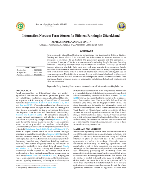 (PDF) Information Needs of Farm Women for Efficient Farming in Uttarakhand