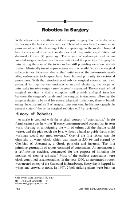 (PDF) Robotics in surgery