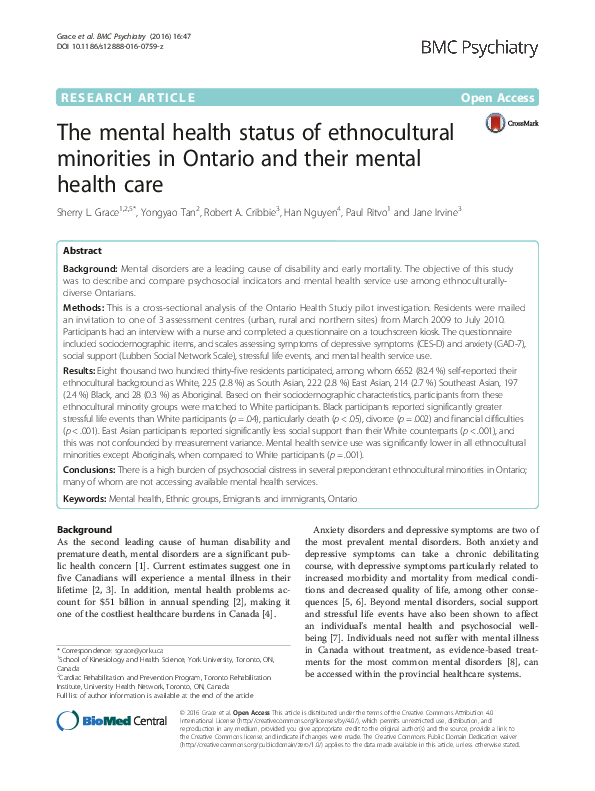 (PDF) The mental health status of ethnocultural minorities in Ontario ...