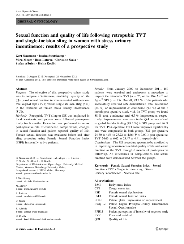 (PDF) Sexual function and quality of life following retropubic TVT and ...