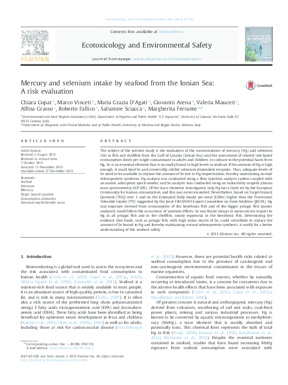 (PDF) Mercury and selenium intake by seafood from the Ionian Sea A