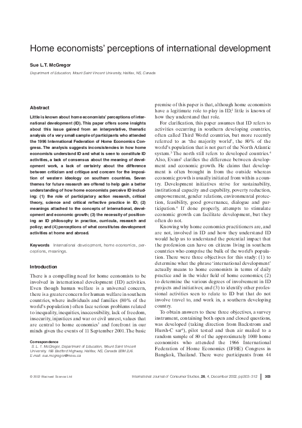 (PDF) Home economists' perceptions of international development Sue L