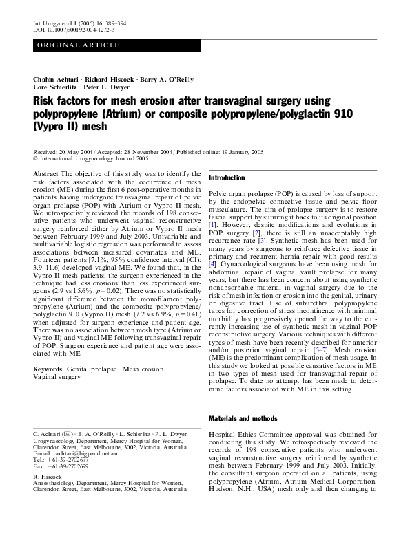 (PDF) Risk factors for mesh erosion after transvaginal surgery using