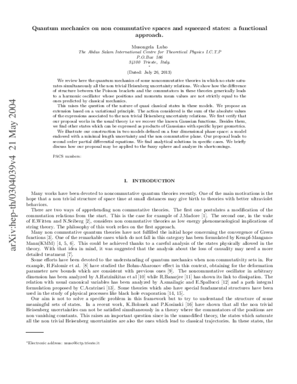 (PDF) Quantum mechanics on non commutative spaces and squeezed states ...