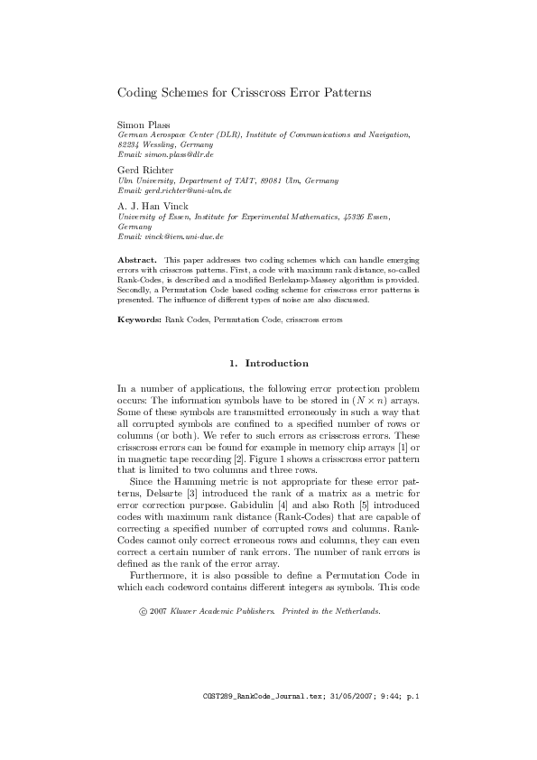 (PDF) Coding Schemes for Crisscross Error Patterns | Simon Plass ...