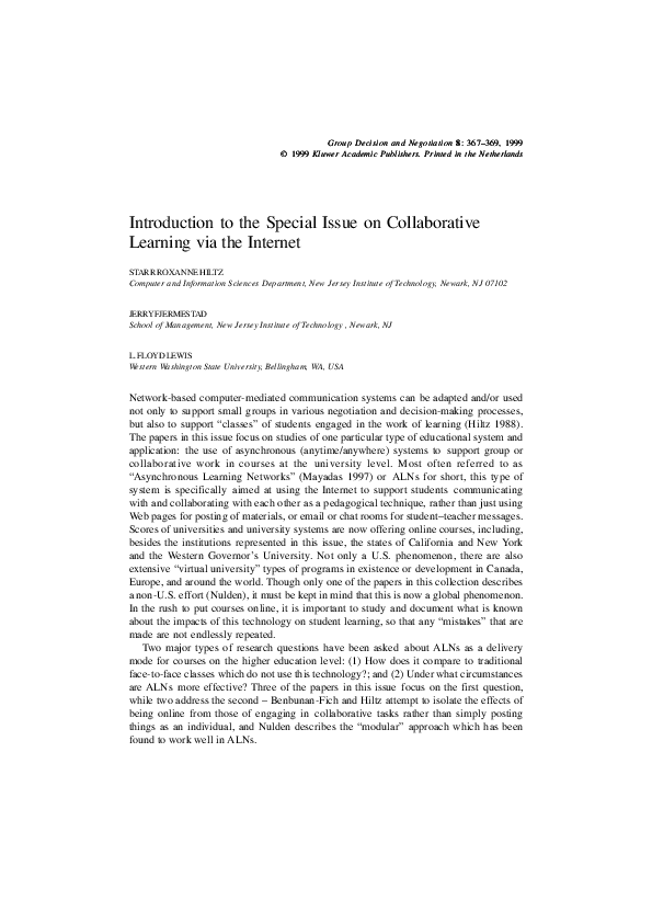 (PDF) Introduction to the Special Issue on Collaborative Learning via ...
