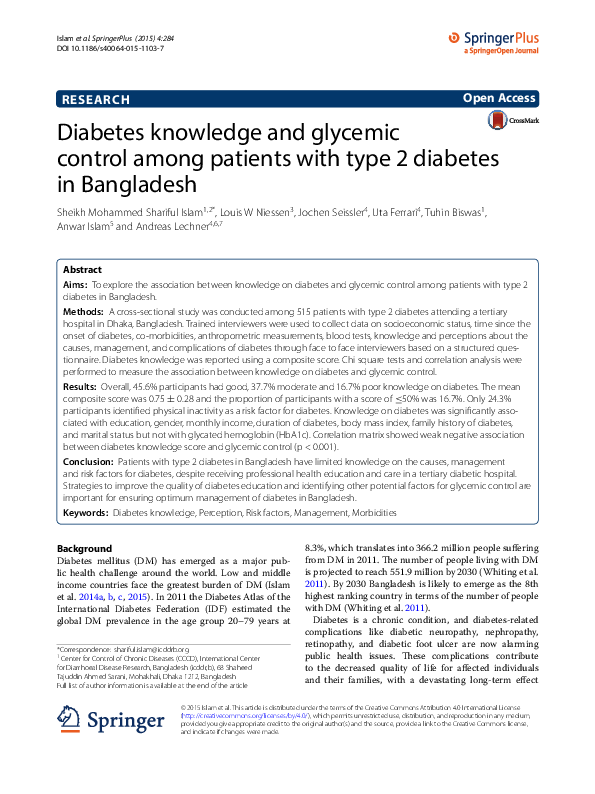 (PDF) Diabetes knowledge and glycemic control among patients with type ...