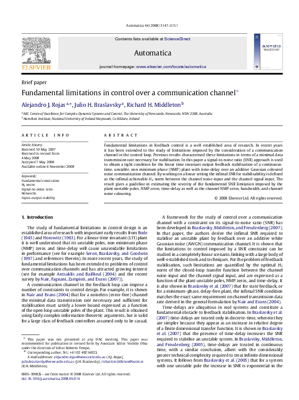(PDF) Fundamental limitations in control over a communication channel