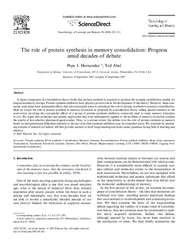 (PDF) The role of protein synthesis in memory consolidation: Progress ...
