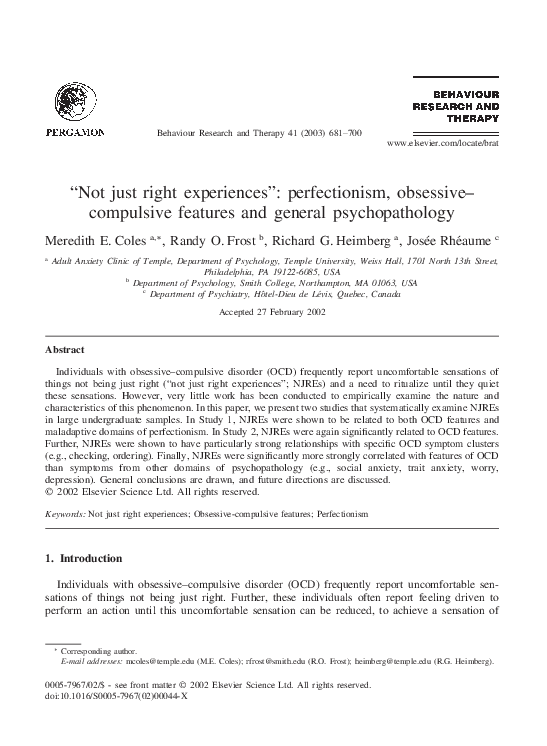 (PDF) “Not just right experiences”: perfectionism, obsessive–compulsive ...