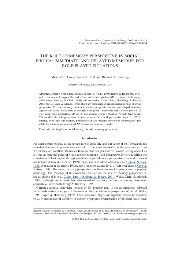 (PDF) The Role of Memory Perspective in Social Phobia: Immediate and ...