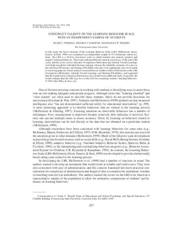 (PDF) Construct validity of the learning behavior scale with an ...