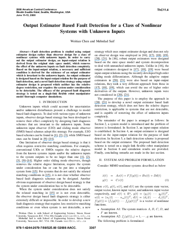 (PDF) Output estimator based fault detection for a class of nonlinear ...