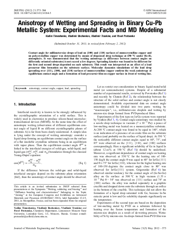 (PDF) Anisotropy of Wetting and Spreading in Binary Cu-Pb Metallic ...