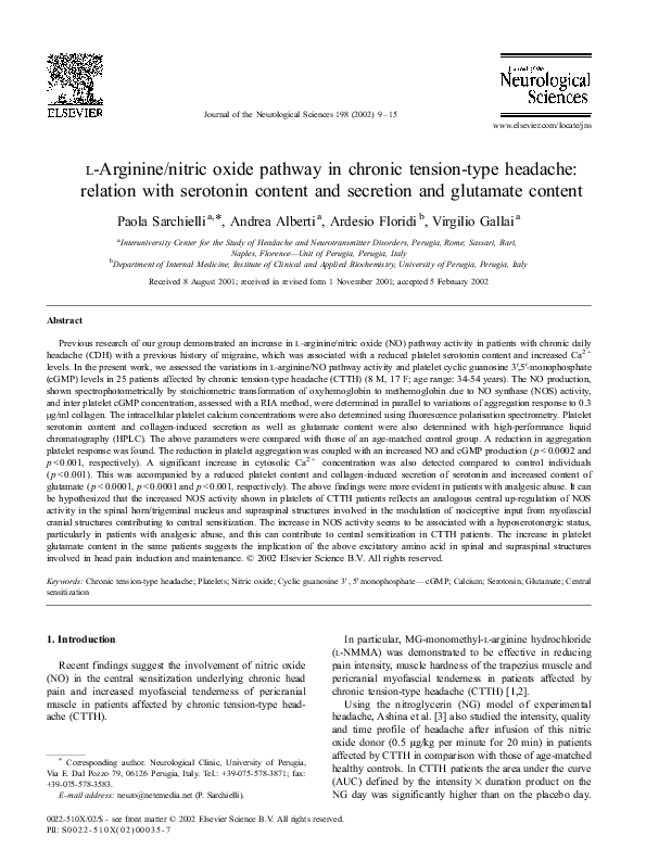 (PDF) lArginine/nitric oxide pathway in chronic tensiontype headache relation with serotonin