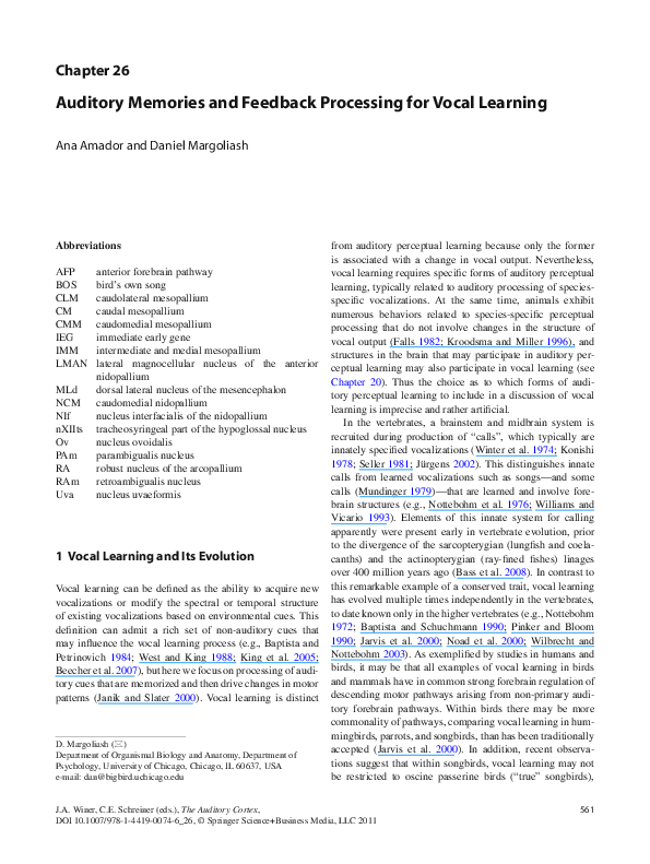 (PDF) Auditory Memories and Feedback Processing for Vocal Learning