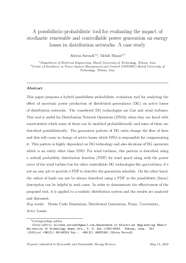 First page of “A possibilistic-probabilistic tool for evaluating the impact of stochastic renewable and controllable power generation on energy losses in distribution networks--A case study”